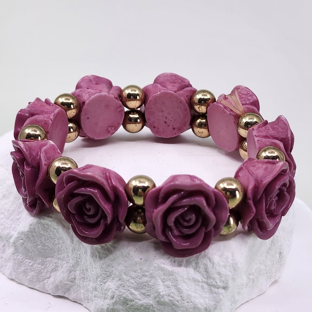 Pink Rose Floral Stretch Bracelet Gold Tone Beads Romantic Cottagecore Jewelry